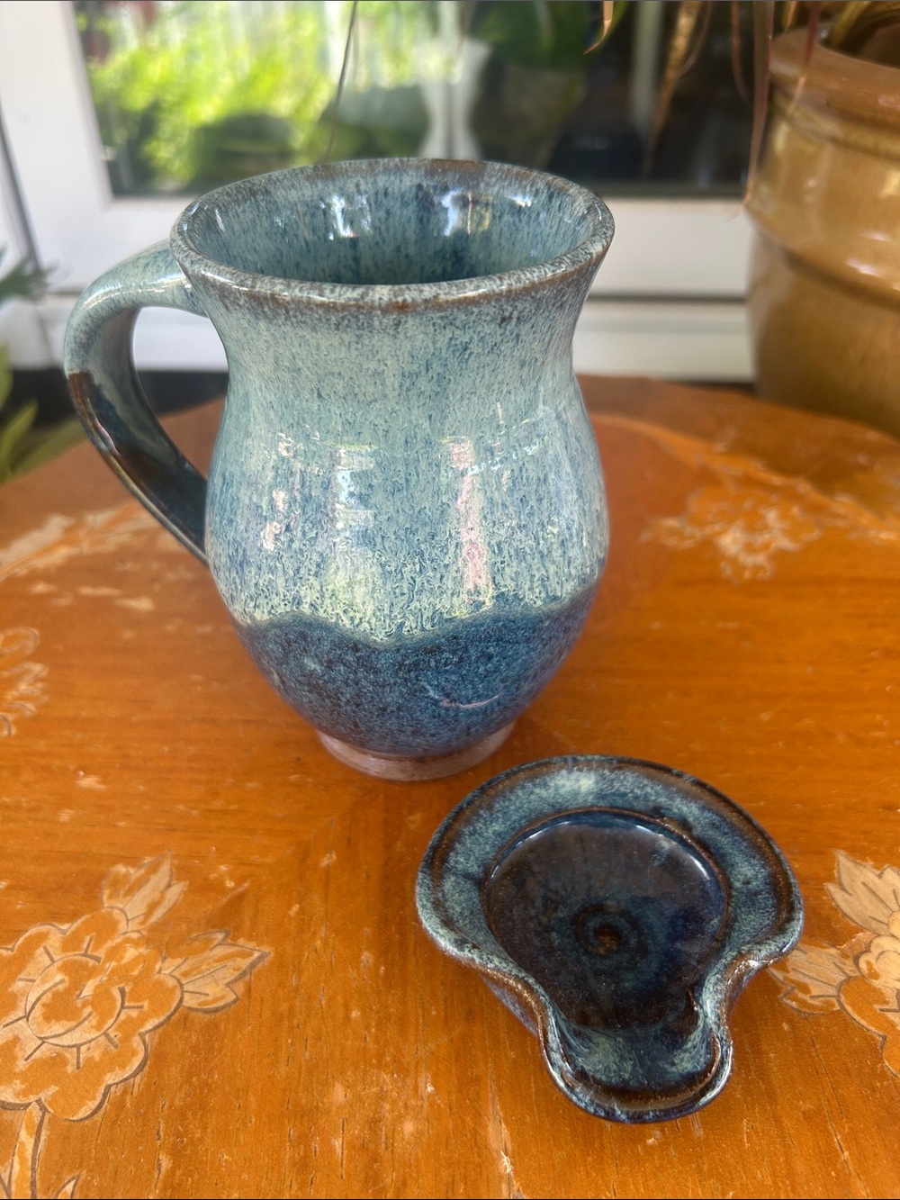 Handcrafted Blue Mug with Spoon Rest